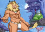  abs anthro armpit_hair asian_clothing bandai_namco blonde_hair blue_eyes body_hair claws clothing digimon digimon_(species) east_asian_clothing felid fundoshi hair hazker hi_res japanese_clothing leomon male mammal mane muscular muscular_anthro muscular_male nipples pubes solo underwear 