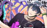  1boy :d bangs black_choker black_shirt casual choker dog_tags fingernails goggles goggles_on_head highres looking_at_viewer marius_von_hagen_(tears_of_themis) mask mouth_mask open_mouth purple_eyes purple_hair shirt short_hair smile solo tears_of_themis xeiling 