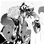  2boys aak_(arknights) ahoge animal_ears arknights bag bags_under_eyes bandaid bandaid_on_hand bear_boy bear_ears bishounen cowboy_shot ear_piercing fang fur_collar hair_over_one_eye highres iwashi_80 jacket jaye_(arknights) male_focus mask mask_removed monochrome multiple_boys open_mouth piercing short_hair slit_pupils smile sparkle surprised 