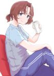  1girl absurdres alternate_hairstyle azumi_(girls_und_panzer) bangs beer_can blue_eyes blue_pants blue_shirt brown_hair can closed_mouth commentary double_vertical_stripe girls_und_panzer hair_tie highres holding holding_can knee_up looking_at_viewer loungewear oritako pants parted_bangs shirt short_hair short_ponytail short_sleeves simple_background sitting smile solo t-shirt track_pants white_background 