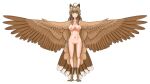  1girl animal_ears bird_legs bird_tail breasts brown_feathers brown_hair brown_wings capiocapan commentary_request full_body green_eyes harpy highres long_hair medium_breasts monster_girl navel nude original outstretched_arms pussy scales simple_background solo tail tail_feathers white_background winged_arms wings 
