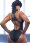  1girl ass back back_cutout black_hair black_swimsuit blurry blurry_background closed_mouth clothing_cutout competition_swimsuit dark-skinned_female dark_skin hands_on_hips long_hair looking_at_viewer looking_back muscular muscular_female one-piece_swimsuit original purple_eyes solo swimsuit takebouzu twitter_username 