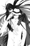  1boy 1girl absurdres bangs black_hair closed_eyes couple fate/grand_order fate/type_redline fate_(series) gloves hat hat_over_eyes highres holding holding_clothes holding_hat hug hug_from_behind jacket koha-ace long_hair long_sleeves monochrome oryou_(fate) ponytail ryousuke_(tukr5384) sakamoto_ryouma_(fate) scarf simple_background skirt smile upper_body very_long_hair weapon white_background white_gloves white_headwear 