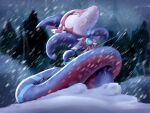  2022 ambiguous_gender blurred_background coffeefly cold eeveelution eyes_closed feral frown hi_res hybrid motion_blur multicolored_body night nintendo outside pink_body pok&eacute;mon pok&eacute;mon_(species) purple_body serpentine serperior shaded signature sky snow snowing solo sylveon video_games white_body 
