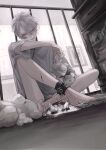  1boy bandaid bandaid_on_face barefoot blood choker feet highres long_sleeves male_focus original pale_skin red_eyes solo stuffed_toy toes white_hair yukito_shii 