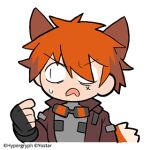  1boy animal_ears arknights chiave_(arknights) eyebrows_visible_through_hair fingerless_gloves fox_boy fox_ears fox_tail gloves goggles hair_over_one_eye jacket line_(naver) lowres male_focus official_art open_mouth pointing pointing_at_self red_hair short_hair sweat tail 
