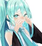  1girl aqua_eyes aqua_hair aqua_necktie bangs collared_shirt crying detached_sleeves hatsune_miku highres long_hair looking_at_viewer necktie number_tattoo shirt simple_background tattoo tears twintails vocaloid white_background white_shirt wide_sleeves yukihira_makoto 