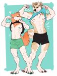  anthro biceps bottomwear canid canine canis claws clothed clothing clothing_lift comparing competition digitigrade domestic_dog duo flexing hi_res husky jnkyrd male mammal muscular muscular_anthro muscular_male nordic_sled_dog pawpads pomeranian shirt shirt_lift shorts smile spitz topwear 