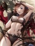  1girl arm_up armpits bangs beach bikini black_bikini blue_eyes braid braided_ponytail breasts brown_hair coat commentary dappled_sunlight from_above granblue_fantasy hair_ornament hand_on_own_chest leona_(granblue_fantasy) long_hair looking_at_viewer lying medium_breasts mismatched_bikini multi-strapped_bikini navel on_back one_eye_closed open_mouth red_coat rei_(happily-blue-butterfly) short_hair single_braid smile solo sunlight swimsuit very_long_hair white_bikini 