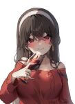  1girl alcohol bare_shoulders black_hair blush closed_mouth collarbone cup drinking_glass earrings gold_earrings hair_between_eyes hairband highres jewelry long_hair looking_at_viewer red_eyes red_sweater shiro_albino smile solo spy_x_family sweater upper_body white_hairband wine wine_glass yor_briar 