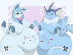  &lt;3 4:3 anthro big_breasts bodily_fluids body_writing breast_milking breasts clothing collar duo eeveelution female gesture glaceon hand_holding hi_res huge_breasts lactating legwear looking_at_viewer nintendo one_eye_closed pok&eacute;mon pok&eacute;mon_(species) pregnant smile stockings swolptr v_sign vaporeon video_games wink 