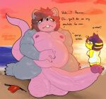  animal_crossing ankha_(animal_crossing) anthro balls beach big_balls big_penis dialogue duo english_text female genitals hi_res huge_balls huge_penis hyper hyper_balls hyper_genitalia hyper_penis khrunkisillegal male male/female mammal murid murine musclegut nintendo nipples nude overweight overweight_male penis profanity rat rodent roque_(khrunkisillegal) seaside text video_games 