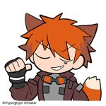 1boy animal_ears arknights chiave_(arknights) chibi closed_eyes fingerless_gloves fox_boy fox_ears fox_tail gloves goggles hand_up jacket line_(naver) lowres male_focus official_art pointing pointing_at_self red_hair short_hair smile solo tail thumbs_up 