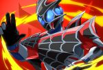  1boy asymmetrical_armor aura blue_eyes bodysuit extra_eyes kamen_rider kamen_rider_demons kamen_rider_revice miyabi_(037) pose red_background red_bodysuit silk spider_web spider_web_print spiked_helmet upper_body 