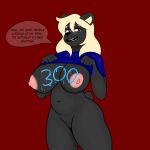  1:1 anthro big_breasts blonde_hair blush breasts clothed clothing clothing_lift dialogue female genitals hair hi_res jade_(sleepingpowder) mammal nipples nude open_mouth paint paint_on_self pussy simple_background sleepingpowder slightly_chubby smile solo ursid 
