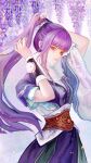  1girl absurdres arms_up asymmetrical_sleeves dress flower highres looking_at_viewer multicolored_clothes multicolored_dress ponytail purple_hair qin_shi_ming_yue shao_siming_(qin_shi_ming_yue) shao_siming_guang_wei smile solo upper_body veil wisteria 