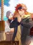  2boys :d black_jacket blue_eyes closed_eyes corn_dog day eating grey_hair grgr_nico hasegawa_langa headband highres holding hood hood_down hoodie jacket kyan_reki male_focus multiple_boys outdoors own_hands_together praying red_hair shrine sk8_the_infinity smile yellow_hoodie 