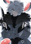  1boy ahoge animal_ears arknights bags_under_eyes bandaid bandaid_on_hand bear_boy bear_ears bishounen cowboy_shot crossed_arms fish fur_collar grey_hair hair_over_one_eye highres iwashi_80 jacket jaye_(arknights) knife male_focus mask mask_removed one_eye_covered short_hair solo 