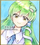  1girl 2zuz4hru bangs blue_background collared_shirt detached_sleeves frog_hair_ornament green_hair hair_ornament japanese_clothes kochiya_sanae looking_at_viewer miko painting_(medium) portrait shirt smile snake_hair_ornament solo touhou traditional_media watercolor_(medium) yellow_eyes 