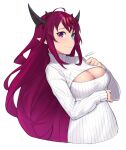  1girl ahoge asymmetrical_bangs bangs blush breasts cleavage cleavage_cutout clothing_cutout dasdokter demon_girl demon_horns hair_between_eyes highres hololive hololive_english horns irys_(hololive) large_breasts long_hair long_sleeves looking_at_viewer multicolored_hair multiple_horns red_hair simple_background smile solo sweater turtleneck turtleneck_sweater upper_body very_long_hair virtual_youtuber white_background white_sweater 