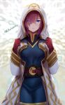  1girl bangs belt blue_eyes coat cosplay facial_mark fire_emblem fire_emblem_heroes gloves hair_over_one_eye hood hooded_coat kiran_(fire_emblem) kiran_(fire_emblem)_(cosplay) long_coat long_sleeves looking_at_viewer purple_hair shoochiku_bai solo triandra_(fire_emblem) twitter_username 