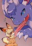  absurd_res ambiguous_gender anthro black_nose blue_body blue_eyes blue_hair blue_skin bodily_fluids claws dragon dripping duo eeveelution fangs feral flareon fur hair hi_res horn imminent_vore inner_ear_fluff licking long_tongue looking_at_another nintendo orange_body orange_fur pawpads paws pok&eacute;mon pok&eacute;mon_(species) puniwanko red_eyes saliva saliva_drip saliva_on_face saliva_on_tongue scared simple_background sitting tongue tongue_out tuft video_games yellow_body yellow_fur 