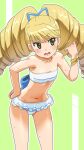  1girl awa big_hair blonde_hair blush drill_hair flat_chest green_eyes hair_ribbon highres jewelry long_hair luna_platz_(mega_man) mega_man_(series) mega_man_star_force navel open_mouth ribbon solo swimsuit twin_drills twintails 