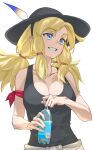  1girl absurdres armband bare_shoulders black_headwear black_tank_top blonde_hair blue_eyes body_freckles bottle breasts calenda_(kemono_friends) cleavage collarbone commentary eyebrows_visible_through_hair freckles hat_feather highres kemono_friends large_breasts long_hair looking_away looking_to_the_side low_twintails parted_lips plastic_bottle simple_background smile solo tanabe_(fueisei) tank_top twintails upper_body water_bottle white_background 