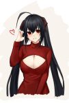  1girl ahoge azur_lane black_hair blush breasts cleavage cleavage_cutout clothing_cutout hair_ribbon heart highres large_breasts long_hair looking_at_viewer red_eyes red_ribbon red_sweater ribbon smile solo sweater taihou_(azur_lane) turtleneck turtleneck_sweater twintails upper_body very_long_hair yorugami_rei 