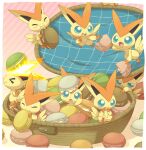  2011 ambiguous_gender basket blue_eyes container cookie eating eyes_closed feral food food_on_head group happy in_basket legendary_pok&eacute;mon macaron_(food) mugita_konomi nintendo orange_body pok&eacute;mon pok&eacute;mon_(species) victini video_games yellow_body 