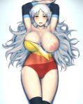  1girl ajirogasa armpits arms_up breasts cameltoe collarbone compression_sleeve covered_navel hat kneehighs large_breasts leotard long_hair multicolored_clothes nipples red_eyes sakata_nemuno simple_background single_strap solo steaming_body thick_thighs thighs touhou wavy_hair white_background white_hair yuugatou_(yuuzutu) 
