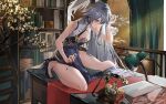  1girl artist_request bangs bare_arms bare_legs bare_shoulders black_footwear blue_dress blue_eyes blush china_dress chinese_clothes clothes_between_thighs dress flower fu_hua fu_hua_(valkyrie_accipter) grey_hair hair_between_eyes hair_ornament high_heels holding holding_brush honkai_(series) honkai_impact_3rd sleeveless sleeveless_dress source_request 