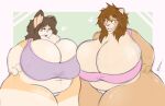  anthro big_breasts breasts cleavage clothed clothing duo eyelashes fangs felid female female/female genitals hi_res huge_breasts hyper hyper_breasts lagomorph leporid lion looking_at_viewer mammal navel overweight pantherine pijama pussy rabbit smile swolptr thick_thighs tight_clothing 