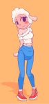  anthro baggashame blush bodily_fluids bovid caprine clothing diaper diaper_under_clothing droopy_(series) embarrassed female footwear hi_res holding_arm leggy_lamb mammal metro-goldwyn-mayer sheep sheep_wrecked shoes simple_background solo sweat 