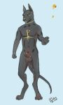  animal_genitalia anthro anubian_jackal balls canid canine canis dreki_stormfang fully_sheathed furgonomics furry-specific_piercing genital_piercing genitals hi_res jackal long_ears male mammal markings nude piercing sheath sheath_piercing simple_background solo 