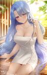  1girl bangs bare_arms bare_shoulders blue_eyes blue_hair blush breasts cleavage closed_mouth collarbone commission dega1028 eyebrows_visible_through_hair highres large_breasts long_hair looking_at_viewer naked_towel original sitting skeb_commission smile thighs towel water 