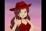  1980s_(style) 1girl chocomiru donkey_kong_(game) donkey_kong_(series) dress hat mario_(series) open_mouth pauline_(mario) red_dress red_headwear retro_artstyle shiny shiny_hair sleeping sleeveless smile solo super_mario_odyssey upper_body 