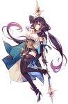  1girl armpits atelier_(series) atelier_sophie_2 bangs belt breasts bridal_gauntlets brown_hair cape full_body high_heels highres holding holding_polearm holding_weapon karasumi_(aiseec) large_breasts looking_at_viewer open_mouth polearm purple_eyes ramizel_erlenmeyer thighhighs twintails weapon 