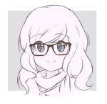  1girl artist_name bangs blue_eyes border breasts chocomiru dot_nose eyebrows_visible_through_hair glasses headshot jacket looking_at_viewer medium_breasts monochrome original painttool_sai_(medium) scarf sketch smile solo unfinished upper_body 