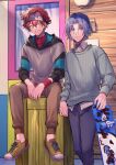  2boys blue_eyes grgr_nico hasegawa_langa highres hood hood_down indoors kyan_reki long_sleeves male_focus multiple_boys pants red_hair sitting sk8_the_infinity skateboard wristband yellow_eyes yellow_footwear 