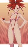  1girl :d areolae blush breasts covered_nipples female_pubic_hair flannery_(pokemon) hand_on_hip highres holding holding_poke_ball lamb-oic029 medium_breasts navel open_mouth poke_ball poke_ball_(basic) pokemon pokemon_(game) pokemon_oras ponytail pubic_hair red_eyes red_hair red_swimsuit smile solo stomach swimsuit teeth upper_teeth v-shaped_eyebrows 