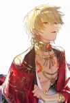  1boy bangs blonde_hair bracelet earrings fate/extella fate/extella_link fate/extra fate/extra_ccc fate/grand_order fate/hollow_ataraxia fate/stay_night fate/strange_fake fate/zero fate_(series) gilgamesh_(fate) gilgamesh_(sumerian_garb)_(fate) highres jewelry kk7_000 long_sleeves looking_away looking_up male_focus necklace official_alternate_costume open_mouth red_eyes short_hair simple_background solo tattoo toned upper_body white_background 