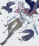  1boy azitsukeniku bandana bird blue_necktie crow crow_armbrust dual_wielding eiyuu_densetsu green_pants grey_hair grin gun hair_between_eyes handgun highres holding holding_gun holding_weapon jacket male_focus necktie open_clothes open_jacket pants red_eyes red_jacket sen_no_kiseki_(series) sen_no_kiseki_i shirt short_hair sleeves_rolled_up smile solo striped_clothes striped_shirt thors_military_academy_class_vii_uniform weapon white_bandana white_shirt 