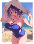  1girl :p beach blue_one-piece_swimsuit blurry blurry_background border breasts cleavage commentary_request covered_navel cowboy_shot drying drying_hair drying_own_hair large_breasts one-piece_swimsuit outside_border pokemon pokemon_(anime) professor_ivy purple_hair red_eyes short_hair solo swimsuit tongue tongue_out towel towel_on_head white_border yoshikage_(yo4kage) 