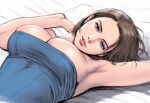  1girl armpits bed_sheet blue_eyes blue_shirt breasts brown_hair cleavage jaydamon jill_valentine large_breasts parted_lips pillow pink_lips reclining resident_evil resident_evil_3:_nemesis shirt short_hair sideboob skindentation solo strapless swept_bangs tube_top upper_body 