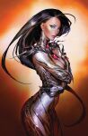  1girl ahoge bodysuit breasts brown_eyes brown_hair chest_jewel claws cleavage closed_mouth cowboy_shot crossed_arms eyeshadow gem highres long_hair makeup medium_breasts orange_background red_gemstone sara_pezzini solo sozomaika sparkle witchblade 
