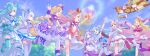  1boy 6+girls :d ^_^ arm_up arms_up bare_arms blonde_hair blue_choker blue_eyes blue_hair blue_shoes blue_skirt blue_sky blue_thighhighs braid braided_ponytail brooch capelet choker closed_eyes crown cure_butterfly cure_friendy cure_lillian cure_majesty cure_nyammy cure_prism cure_sky cure_wing cure_wonderful detached_sleeves dress elbow_gloves fingerless_gloves floating_hair flying from_below gloves green_eyes grey_hair grin hair_ornament heart heart_brooch heart_hair_ornament highres hijiri_ageha hirogaru_sky!_precure inukai_iroha inukai_komugi jewelry kneehighs layered_dress layered_skirt long_hair miniskirt multicolored_hair multiple_girls nekoyashiki_mayu nekoyashiki_yuki nijigaoka_mashiro outstretched_arms outstretched_hand pantyhose pink_hair pleated_skirt precure profile purple_capelet purple_choker purple_hair purple_pantyhose purple_shoes purple_wrist_cuffs red_choker red_eyes red_shoes red_wrist_cuffs shirt shoes short_dress short_sleeves shrimp1634 single_braid single_leg_pantyhose skirt sky sleeveless smile socks sora_harewataru striped_clothes striped_pantyhose swept_bangs thighhighs twintails two-tone_hair very_long_hair waving white_dress white_gloves white_shirt white_skirt white_socks white_thighhighs wonderful_precure! wrist_cuffs yuunagi_tsubasa zettai_ryouiki 