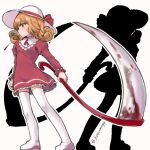  1girl blonde_hair blood blood_on_weapon collar collared_dress curly_hair dress elly_(touhou) frilled_collar frilled_dress frills full_body hat hat_ribbon holding holding_scythe long_sleeves neck_ribbon red_dress red_nails red_ribbon ribbon scythe shadow shoes thighhighs touhou touhou_(pc-98) voyager_(user_yrzv4324) weapon white_collar white_hat white_shoes white_thighhighs yellow_eyes 