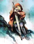  1girl bag blonde_hair blue_background blush cloak frankvictoria gradient_background greatsword hair_over_one_eye highres holding holding_sword holding_weapon hood hooded_cloak in_tree lipstick little_red_riding_hood_(fairy_tale) long_sword looking_at_viewer makeup medieval moss painting_(medium) red_cloak red_hood red_lips sitting sitting_in_tree smile sword sword_in_front_of_face thighhighs traditional_media tree watercolor_(medium) weapon white_background wide_sleeves wristband 