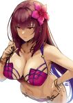  1girl bangs bare_shoulders bikini bracelet breasts cleavage collarbone fate/grand_order fate_(series) flower hair_between_eyes hair_flower hair_ornament hibiscus jewelry large_breasts long_hair looking_at_viewer navel okitakung purple_bikini purple_hair red_eyes scathach_(fate) scathach_(swimsuit_assassin)_(fate) sketch solo swimsuit thighs 